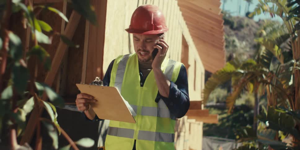 Man in a red protective vest and helmet working next to a construction site with a wooden house in the background