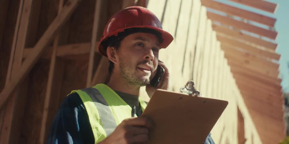 Contractor on jobsite holding a clipboard talking on cell phone