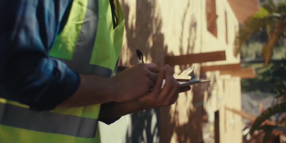 A man is taking notes on the construction site