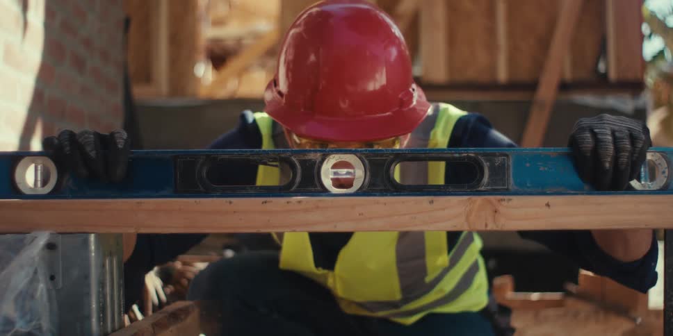 A worker smiles when he checks if the wood is level