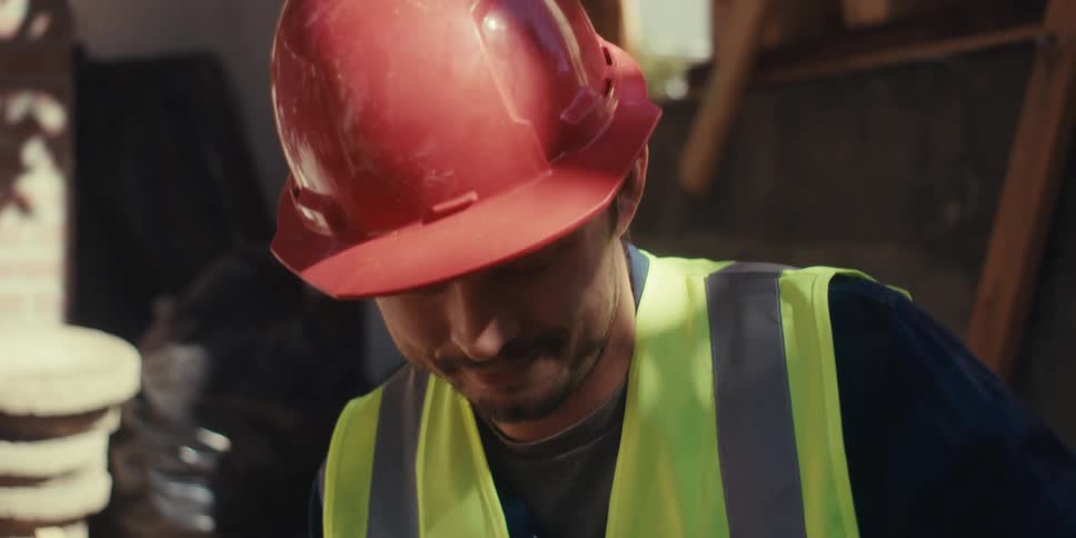 A construction worker wearing a safety vest and hard hat uses a measuring tape to check the framing of a house under construction