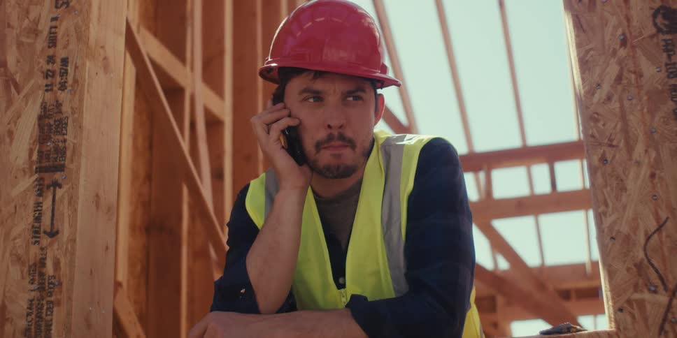 A construction employee is talking on his phone at the job site