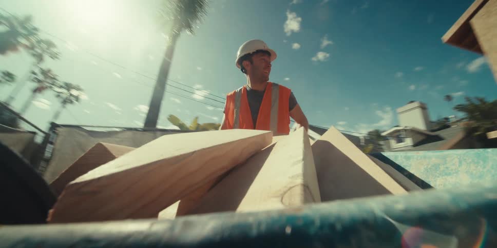 A male construction worker wearing a white hard hate orange vest with reflective stripes and a grey shirt is pushing a rusty blue wheelbarrow full of pieces of wood past a house with plywood walls under a clear blue sky with palm trees framed by the sun