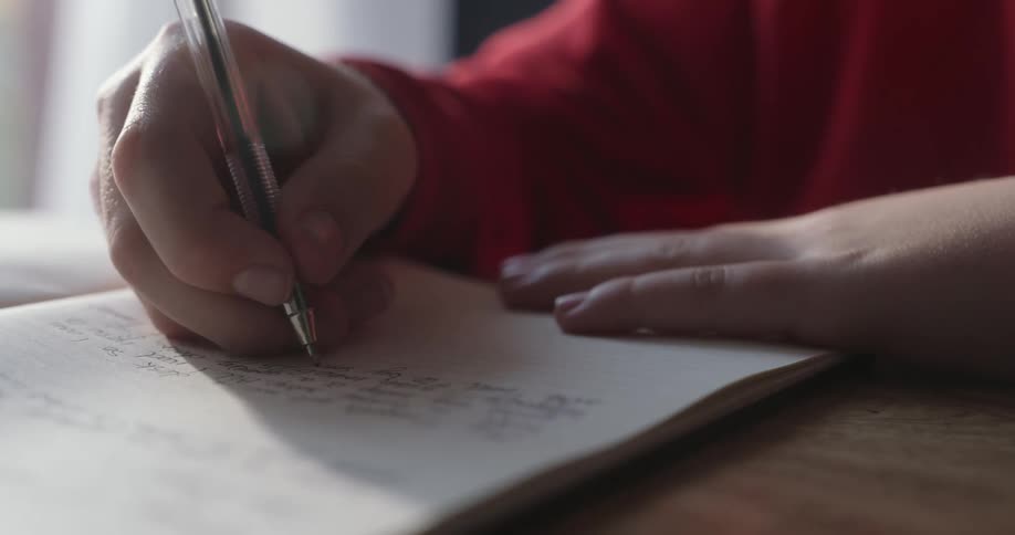 Person wearing red sweatshirt writing in a journal