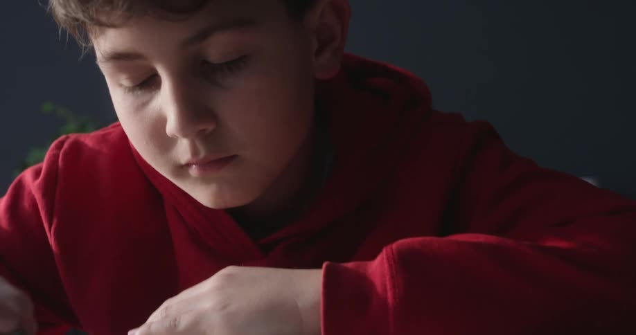 A boy in a red hoodie sits at a desk by a window writing in a notebook