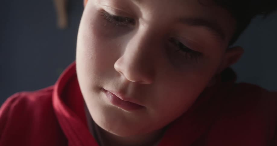 A boy in a red hoodie sits at a desk by a window writing in a notebook