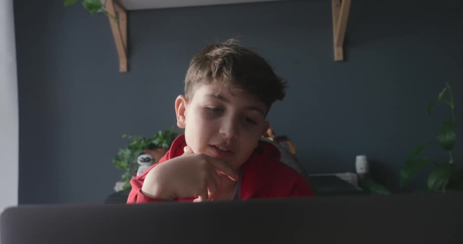 A boy wearing a red hoodie is sitting at a desk while talking with someone on the computer