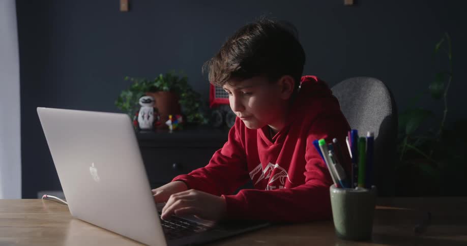 A young boy in a red hoodie is focused on using a laptop at a desk
