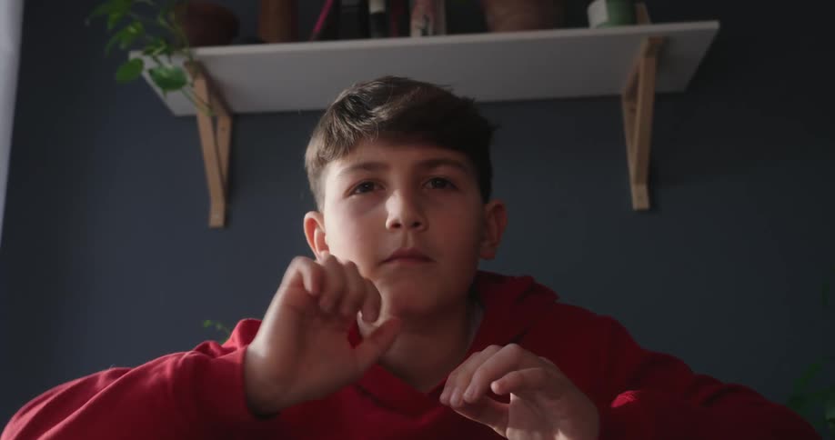 A young boy in a red hoodie is typing on a laptop keyboard smiling slightly with a dark blue wall and wooden shelves adorned with small plants behind him