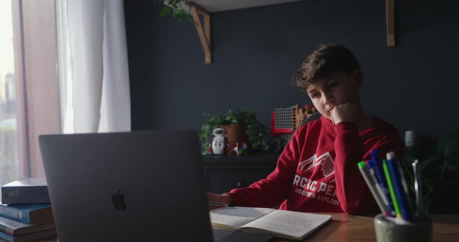 A boy is looking at the laptop and doing homework