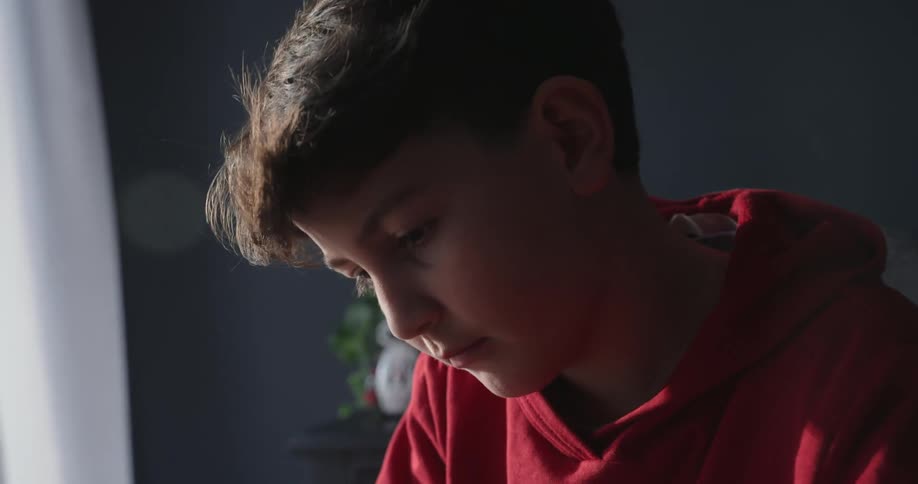 A young boy in a red hoodie is focused on his laptop sitting in a dimly lit room with soft natural light coming through a nearby window