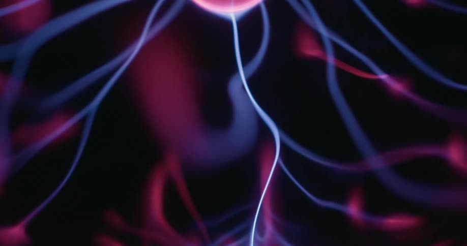 Neon arcs swirl from the bright center orb in a mesmerizing pattern flickering against the dark backdrop and weaving in fluid lines around the plasma globe generating a vibrant display of electric energy