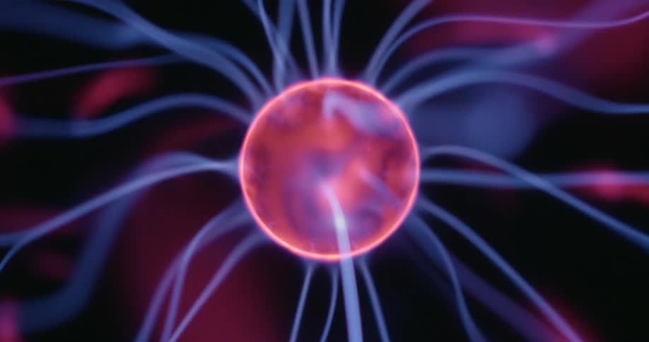 A glowing red plasma ball emits bright blue tendrils of light against a dark background