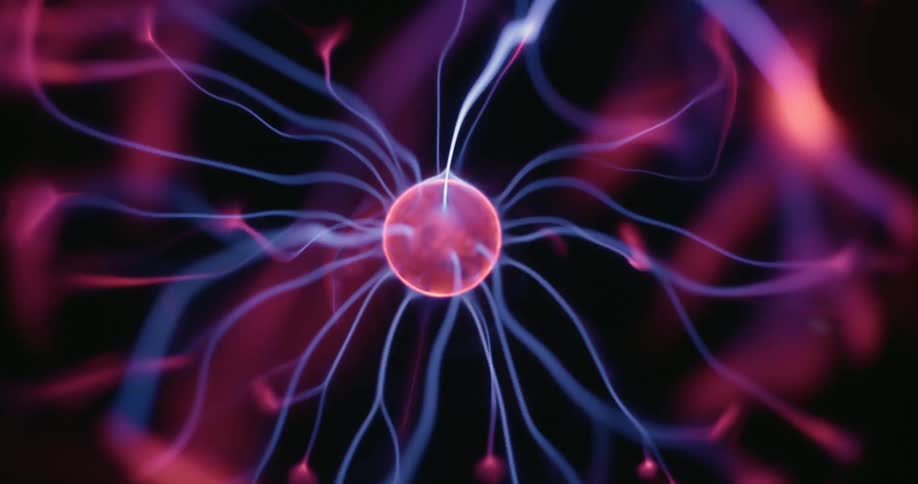 A glowing red plasma ball emits bright blue tendrils of light against a dark background