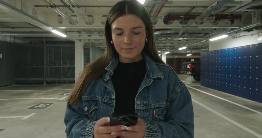 A young woman is texting on her smart phone while standing in a public parking garage