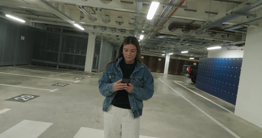 Woman in a parking lot typing on a smartphone