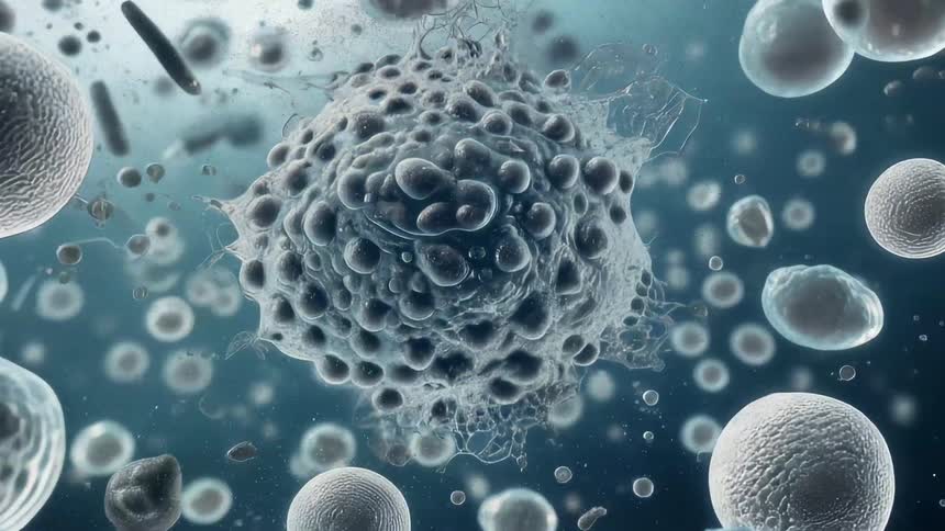 Microscopic closeup showing cells including a larger cell with other smaller ones