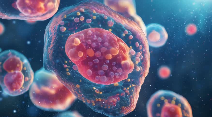 Extreme close up of colorful molecules against a blue background
