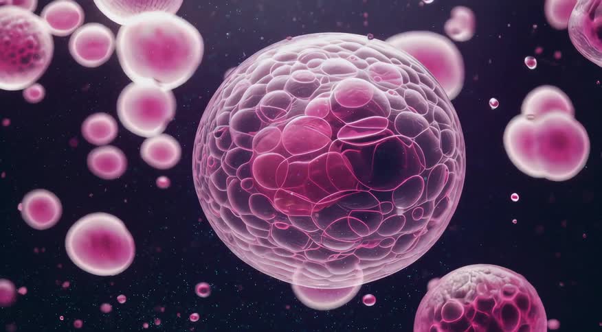 A pink sphere floating in a dark environment with some smaller spheres