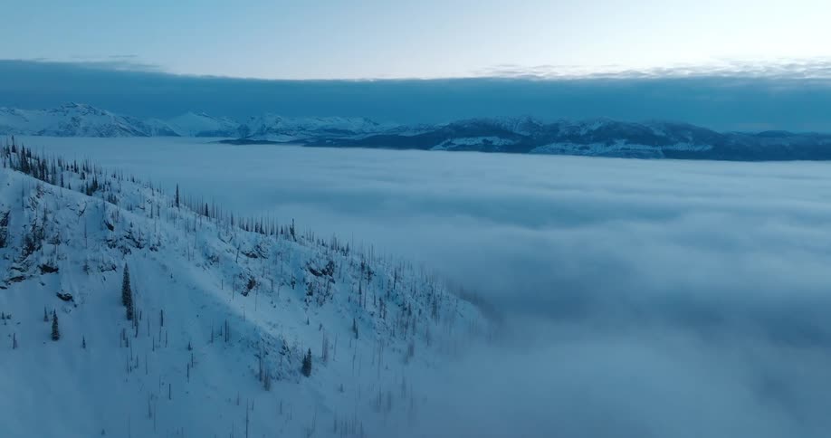 From a lofty vantage a snowcovered slope dotted with sparse trees overlooks a thick layer of clouds that blankets the valley below while distant mountains peek through the hazy horizon