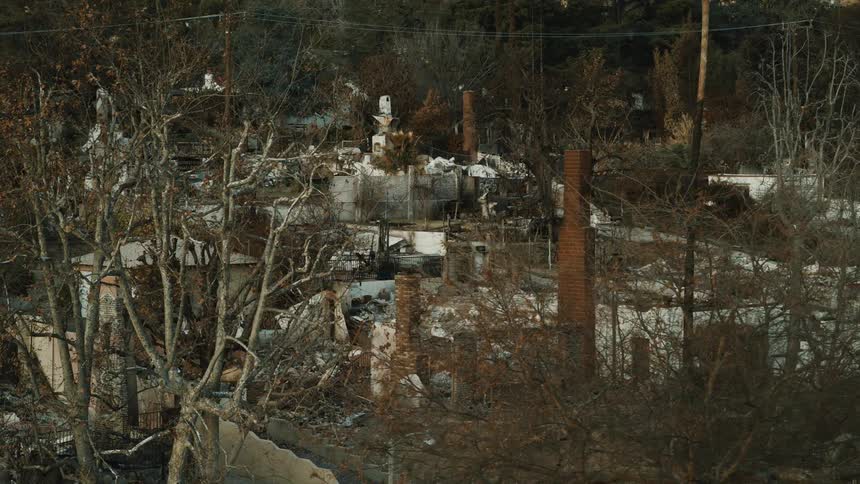 The skeletal remains of a burnt house stand amidst a tangle of bare trees and charred debris