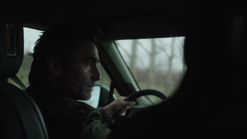 A man is driving past a row of trees