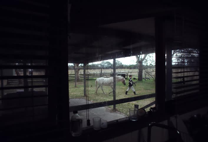 A woman wearing boots is leading a white horse out of the stable on a ranch