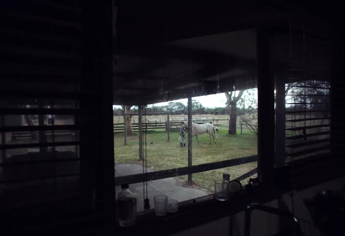 A woman walks her horse by the stables