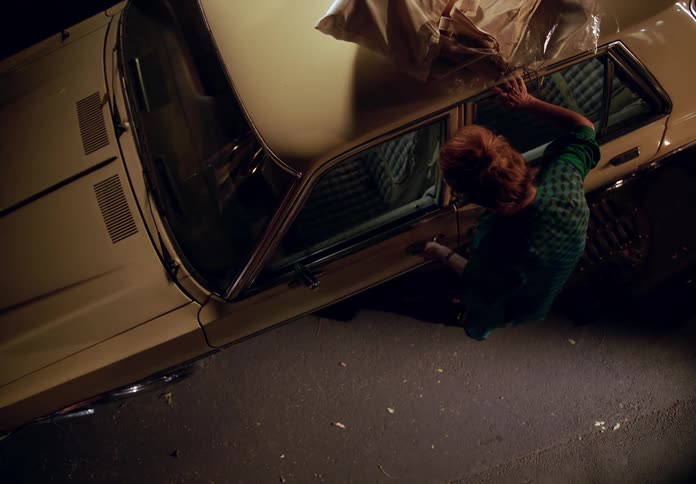 A woman places groceries on a car roof and attempts to open the doors but cannot because she left the keys inside