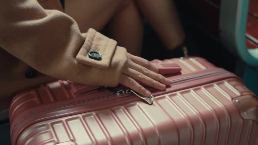 A person is traveling on a train with luggage