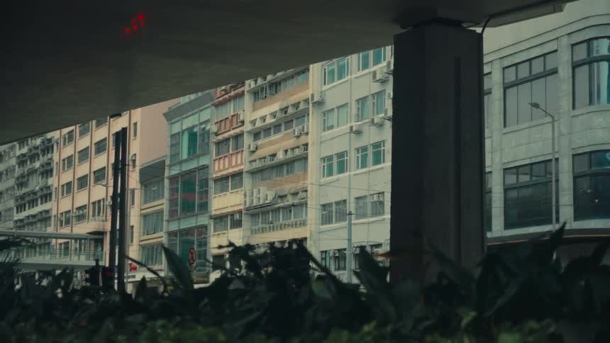 Beneath an overhead bridge rows of city buildings line the street as vehicles pass above their reflections visible in the windows while greenery appears in the lower frame creating a muted urban scene from a partially sheltered viewpoint