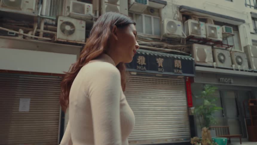 Girl walking down an alley in an eastern city with many stores