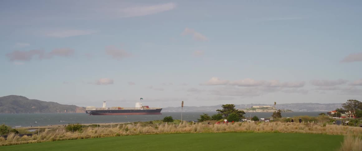 Landscape on meadow overlooking the sea and a very large commercial ship
