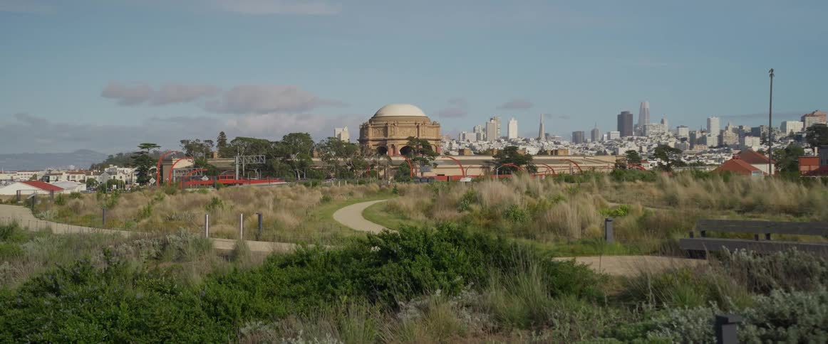 San franciscos cityscape unfolds highlighting the iconic dome of the palace of fine arts as wild grasses sway gently and a black vehicle briefly traverses the winding pathway