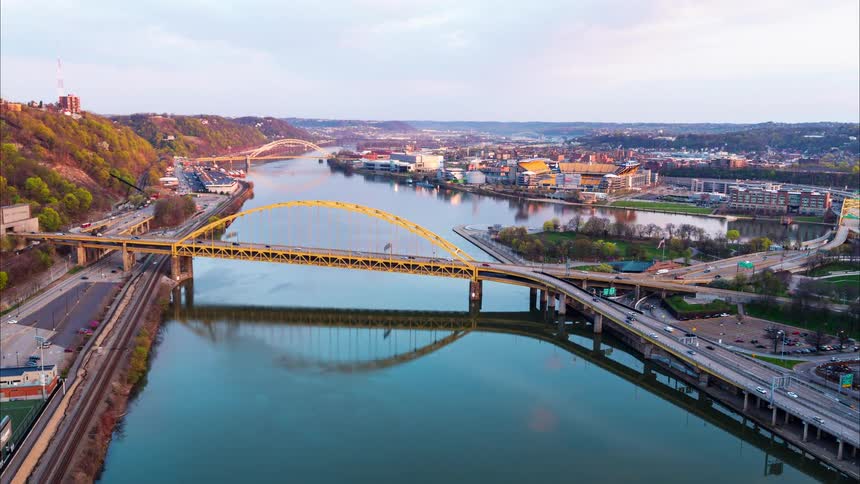 A bridge over a river in an urban area