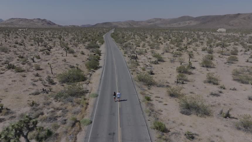 A man and woman holding hands as they walk along a paved road stretching through a vast arid landscape with sparse vegetation and distant mountains