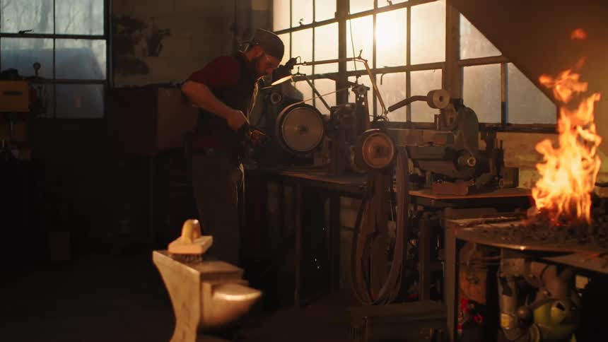 Man grinding iron in his workshop