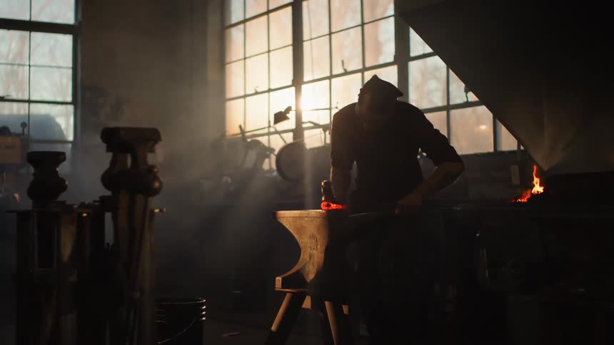 The blacksmith is hammering hot metal on the anvil