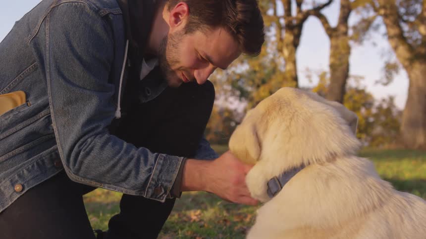 A young man crouches down to pet a light colored dog in a park setting