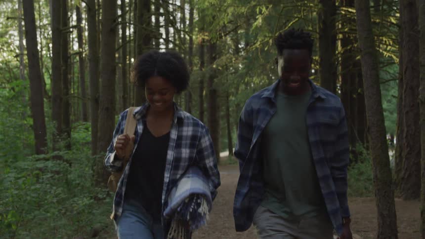 Woman and man walk side by side along a dirt path through a dense forest with sunlight filtering through the trees