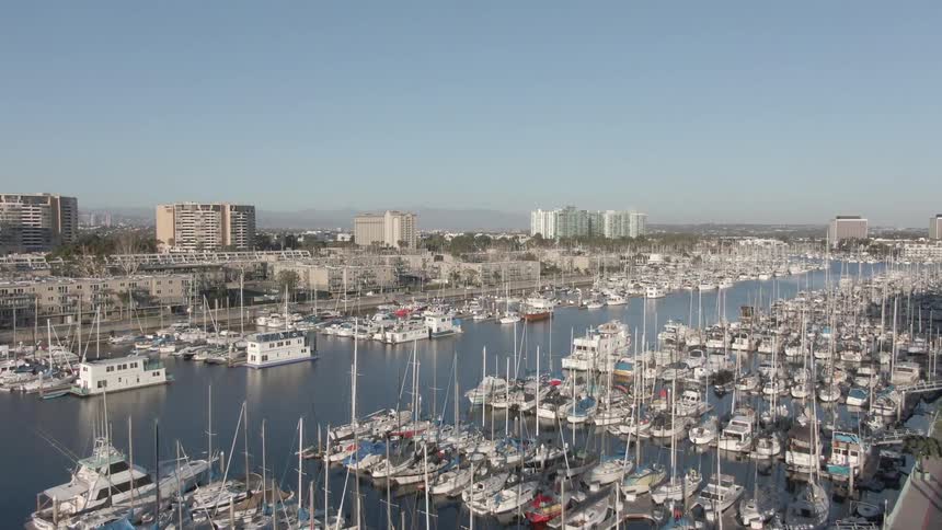 An aerial view flies over a busy marina filled with numerous docked sailboats and yachts with city buildings in the background