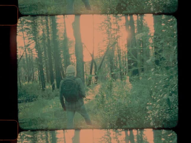 Male backpacker hikes through the woods under a red sky