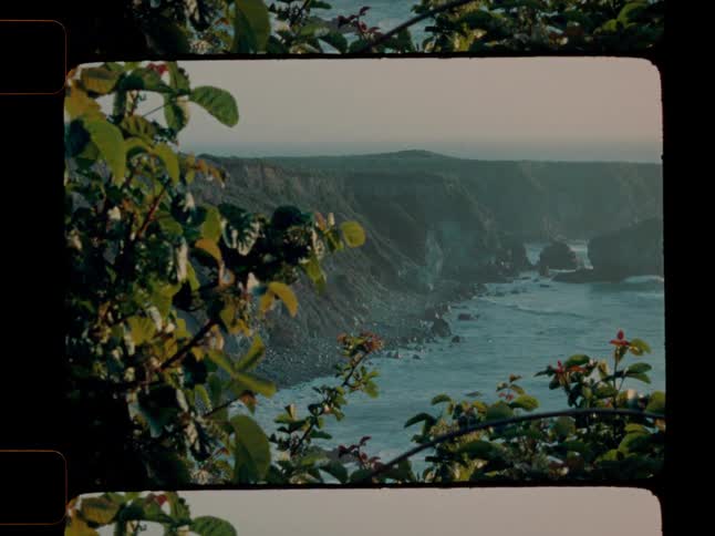 Peering through foreground leaves from a lookout this vintagefilmstyle shot complete with border captures waves rolling onto a distant rocky coastline below