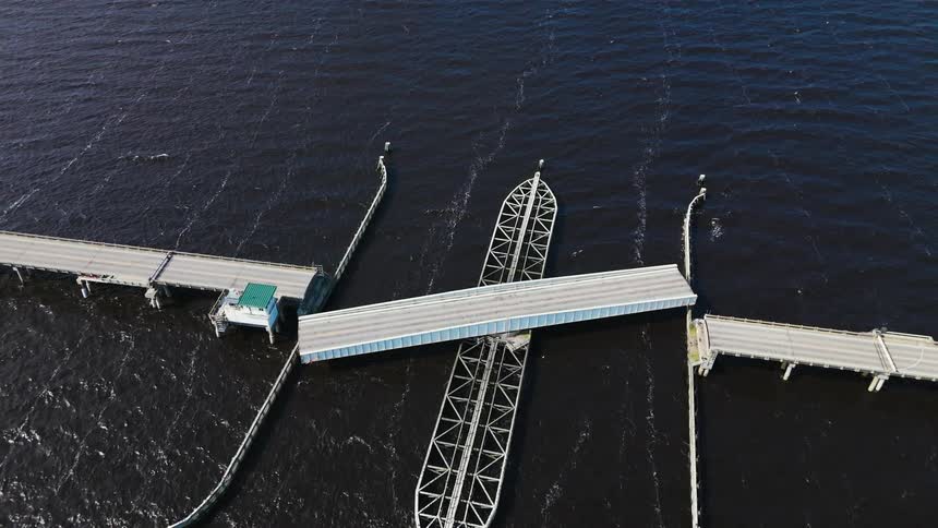 Traffic is stopped because the moveable bridge is turning