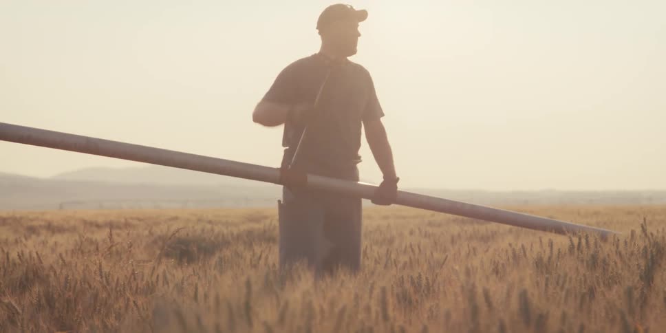 A man carries a large sprinkler pipe on a foggy day
