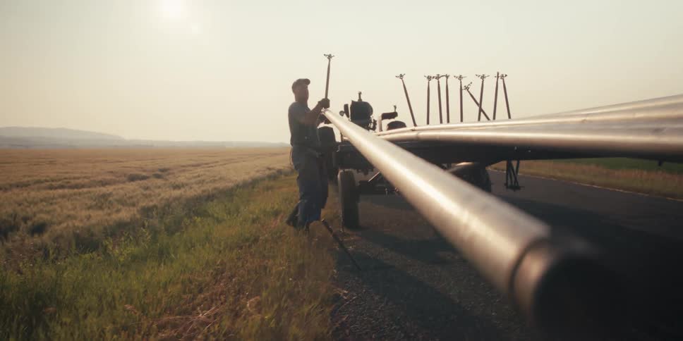 A farmer carries an irrigation pipe across a field walking towards a tractor to place it onto a pile of similar pipes