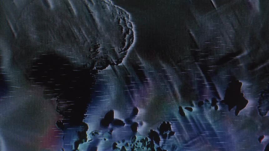 Distorted abstract shapes resembling flowers are shown with inverted colors and heavy analog glitch effects