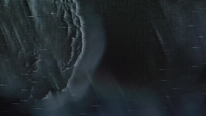 A glitchy invertedcolor image with analog screen lines slowly fades into darkness revealing a distorted organic shape across the transition