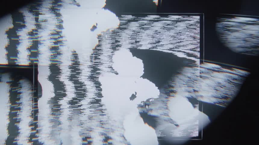 A distorted blackandwhite figure flickers through glitchy analog interference on a multilayered staticfilled screen reminiscent of scrambled cable tv from the 80s