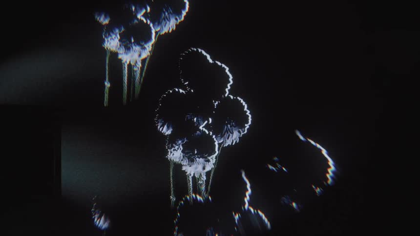 An abstract display of silhouetted shapes against a dark backdrop due to and inverted color effect